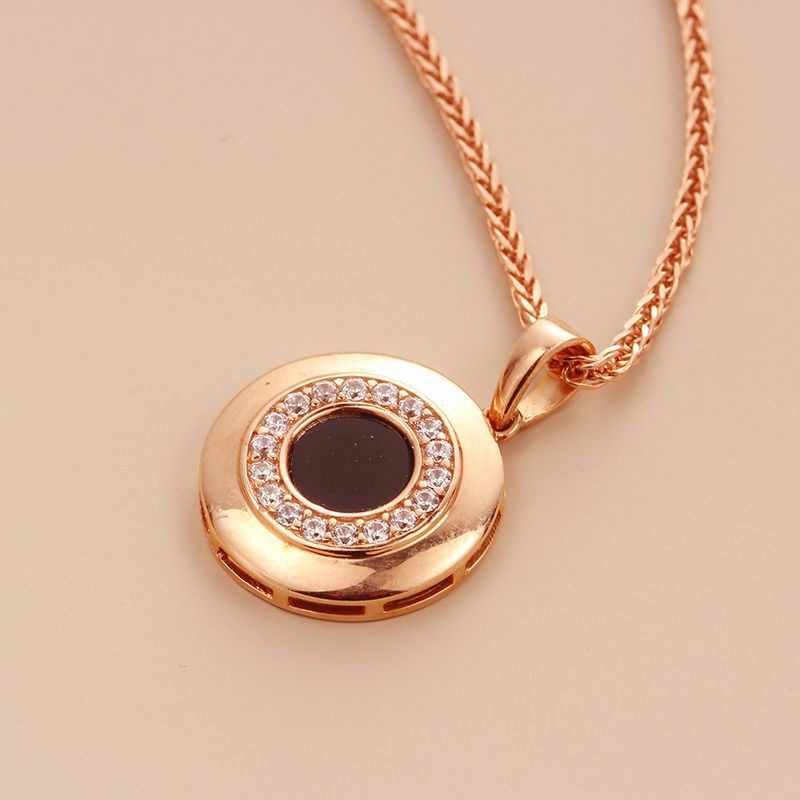585 Purple Gold Black Agate Pendant necklaces Plated 14K Rose Gold clavicle chain Inlaid with circular Simple Classic Jewelry