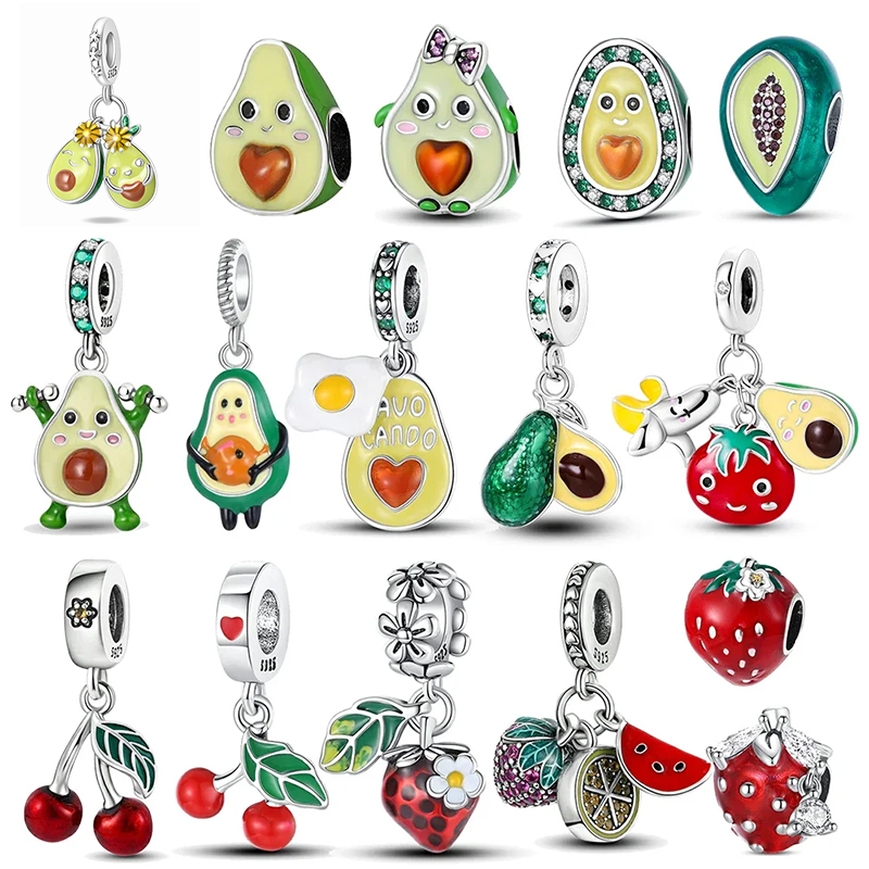 925 Sterling Silver Fashion Avocado Strawberry Cherry Fruit Series Charms Bead Fit Original Bracelets DIY Jewelry Making