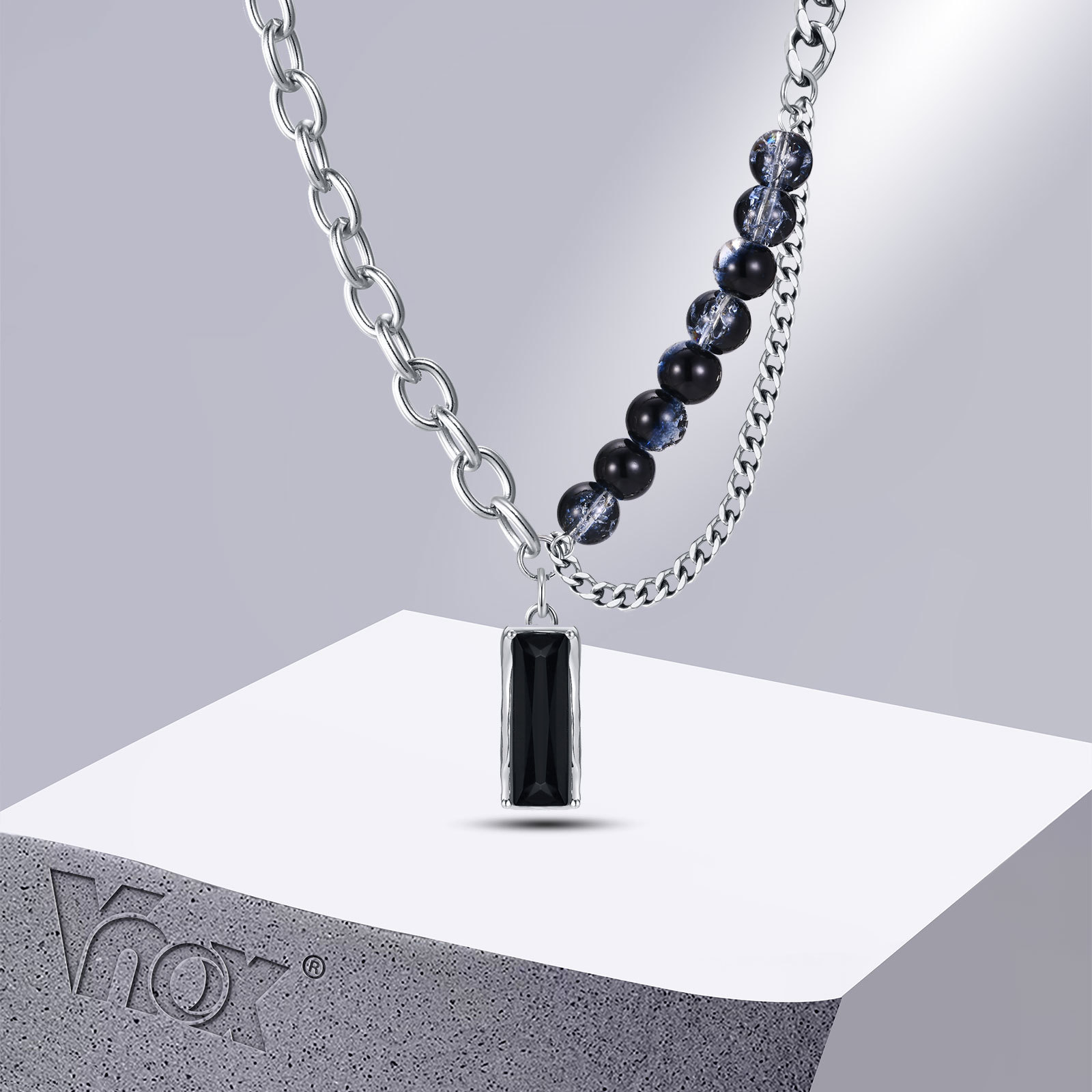 Vnox Stylish Black Stone Choker Necklaces for Men Women, Double Layers Chain Collar,Valentine's Father's Day Birthday Party Gift