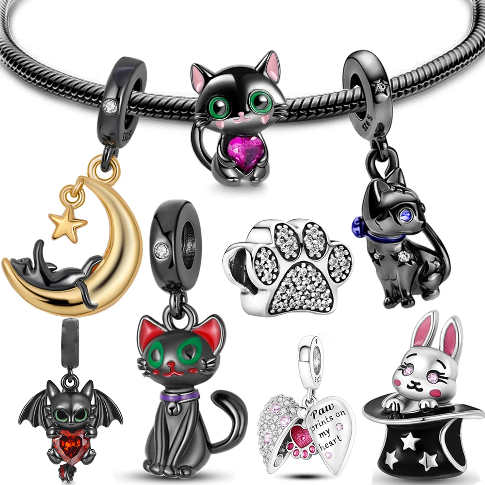 925 Sterling Silver Black Animals Pet Cat Paw Print Dangle Fit Charms Silver 925 Original Bracelet for Jewelry Making