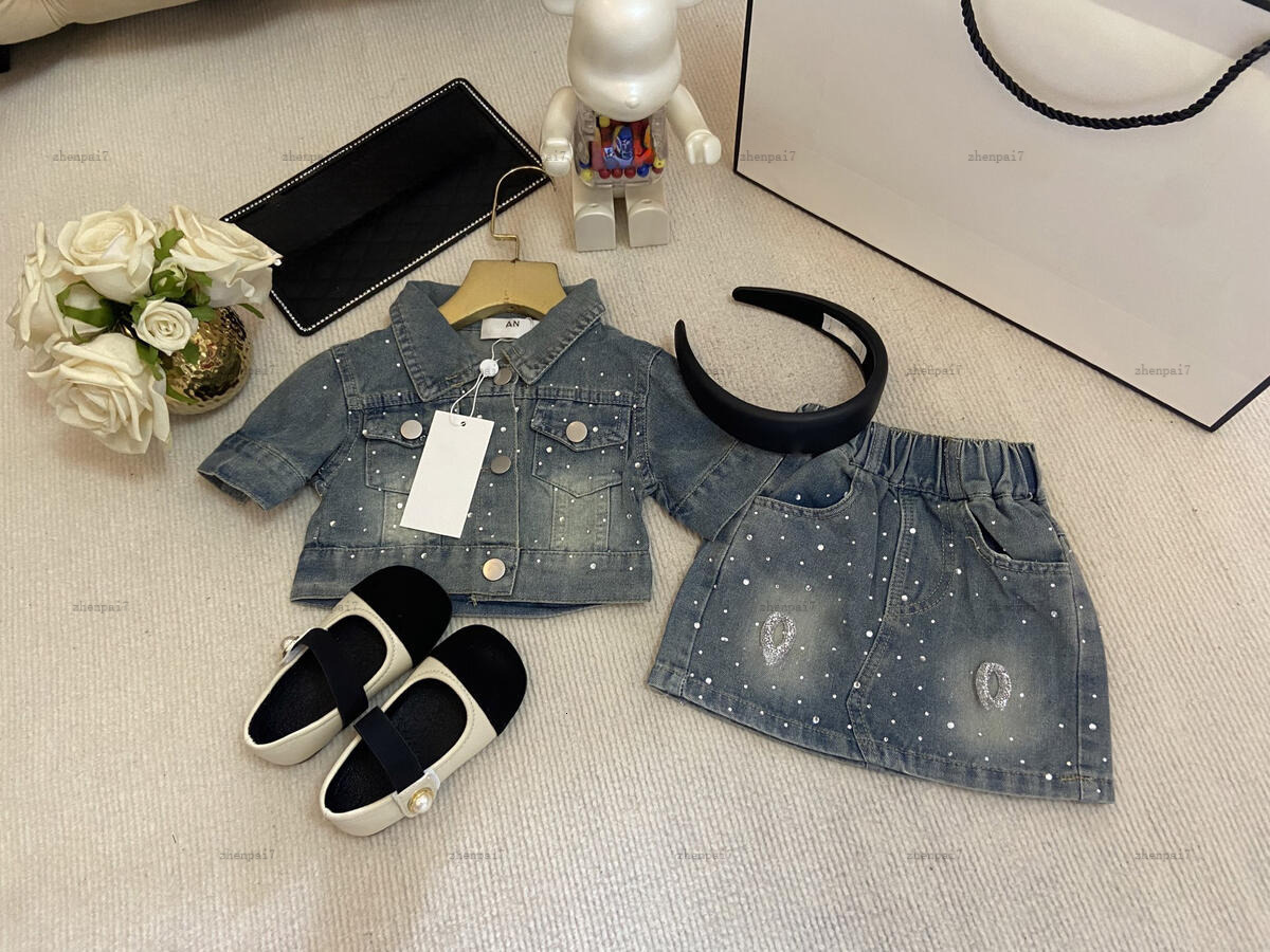 Top girls dress suit Summer baby two-piece kids designer clothes Metal button jacket and denim skirts A000X02N157-image-1065881480