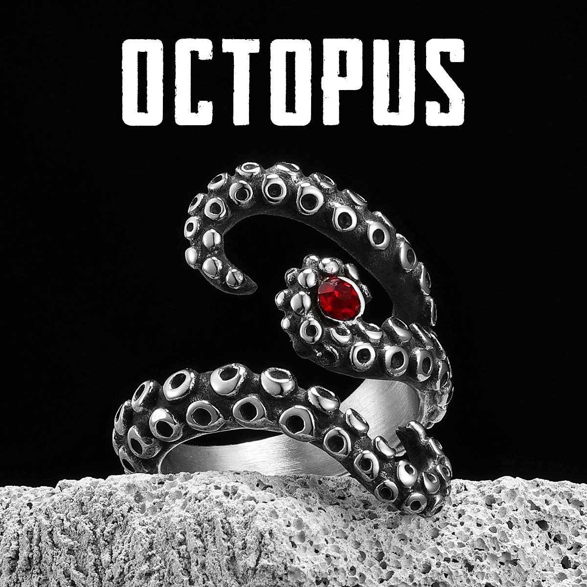 Octopus Tentacles Animal Ruby Men Rings Stainless Steel Women Jewelry Vintage Punk Cool Stuff Fashion Accessories Gift Wholesale