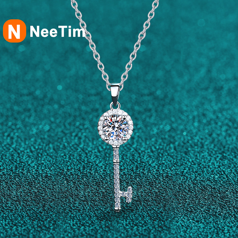 NeeTim 1ct Moissanite Necklace Key Pendant 925 Sterling Silver with Gold Plated Party Neck Chain Gift For Women with Certificate