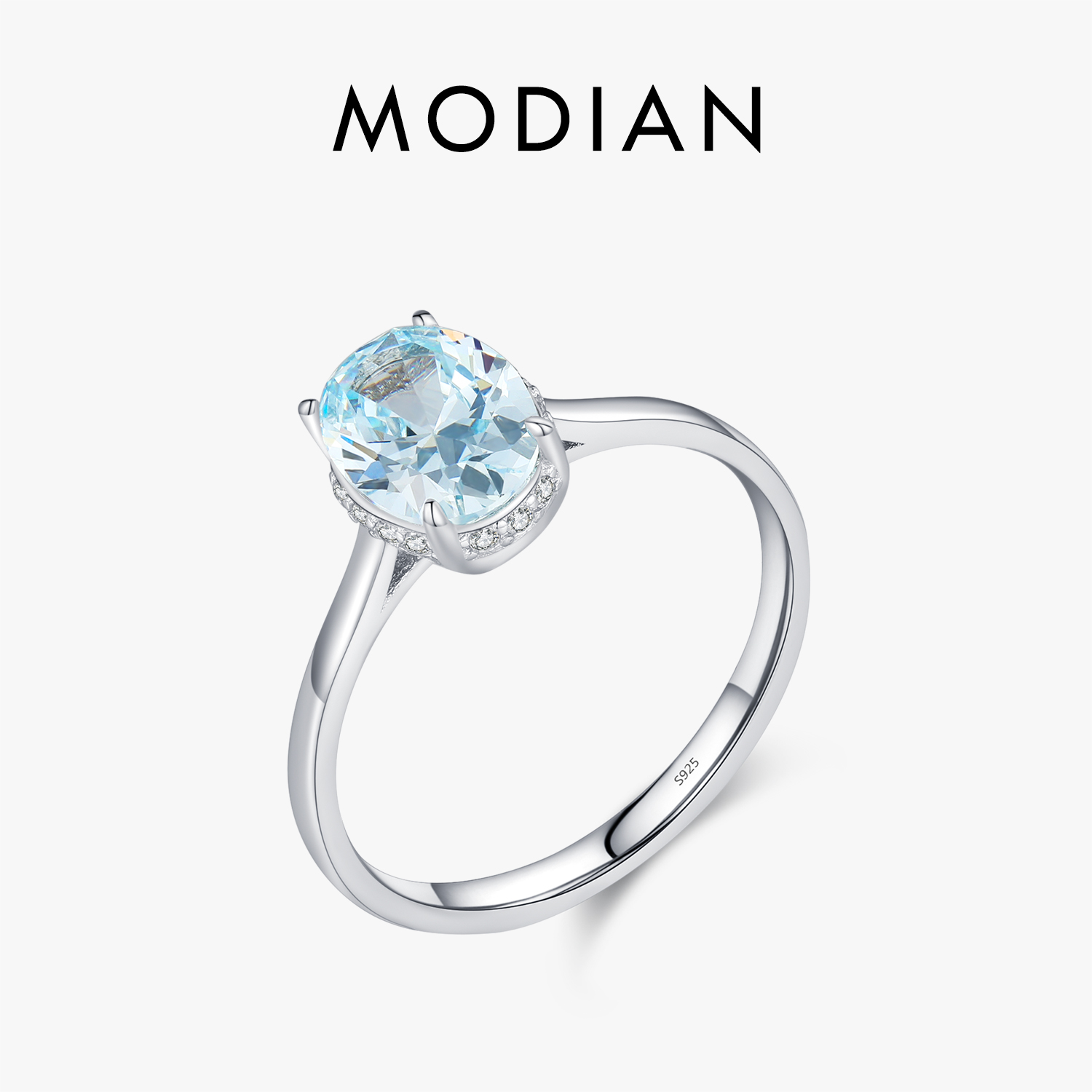 MODIAN Classic Design 925 Sterling Silver Ocean Blue Zirconia Ring Platinum Plated Wedding Engagement Jewelry for Women Gifts