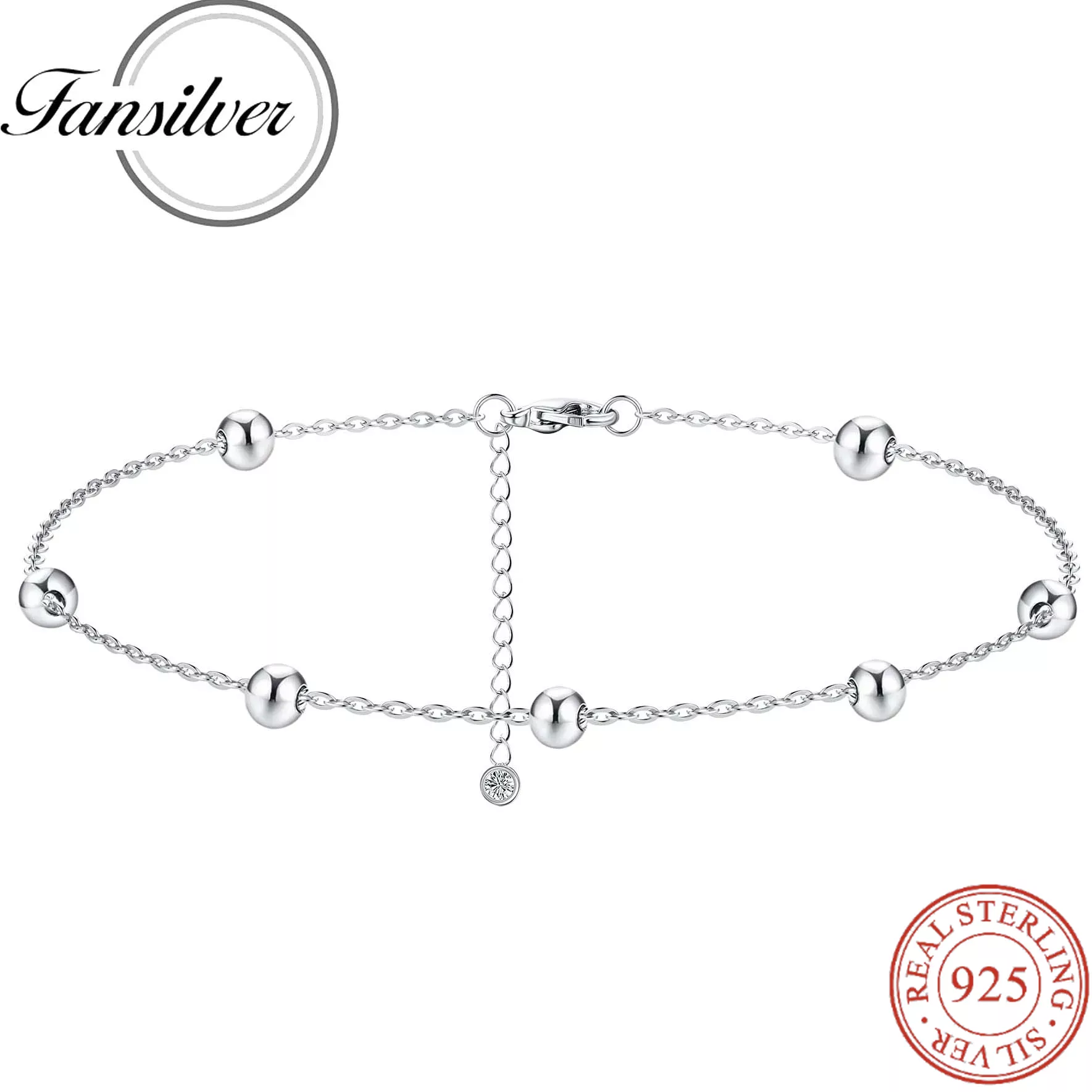 Fansilver S925 Sterling Silver Ankle Bracelets for Women Beaded Anklet Layered Dainty Chain Cute Adjustable Beach Foot Jewelry