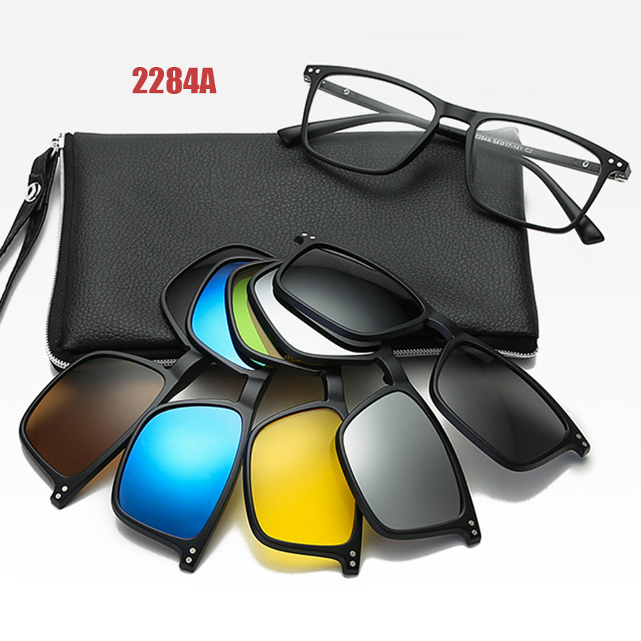 6 In 1 Spectacle Frame Men Women With 5 PCS Clip On Polarized Sunglasses Magnetic Glasses Male Computer Optical 2284