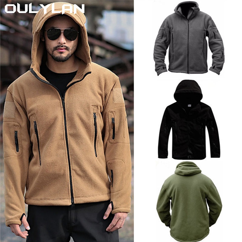Oulylan Army Jackets Windbreaker Warm Fleece Tactical Jacket Mens Outdoor Work Jacket Hiking Hooded Coat Zipper Pocket Outwear