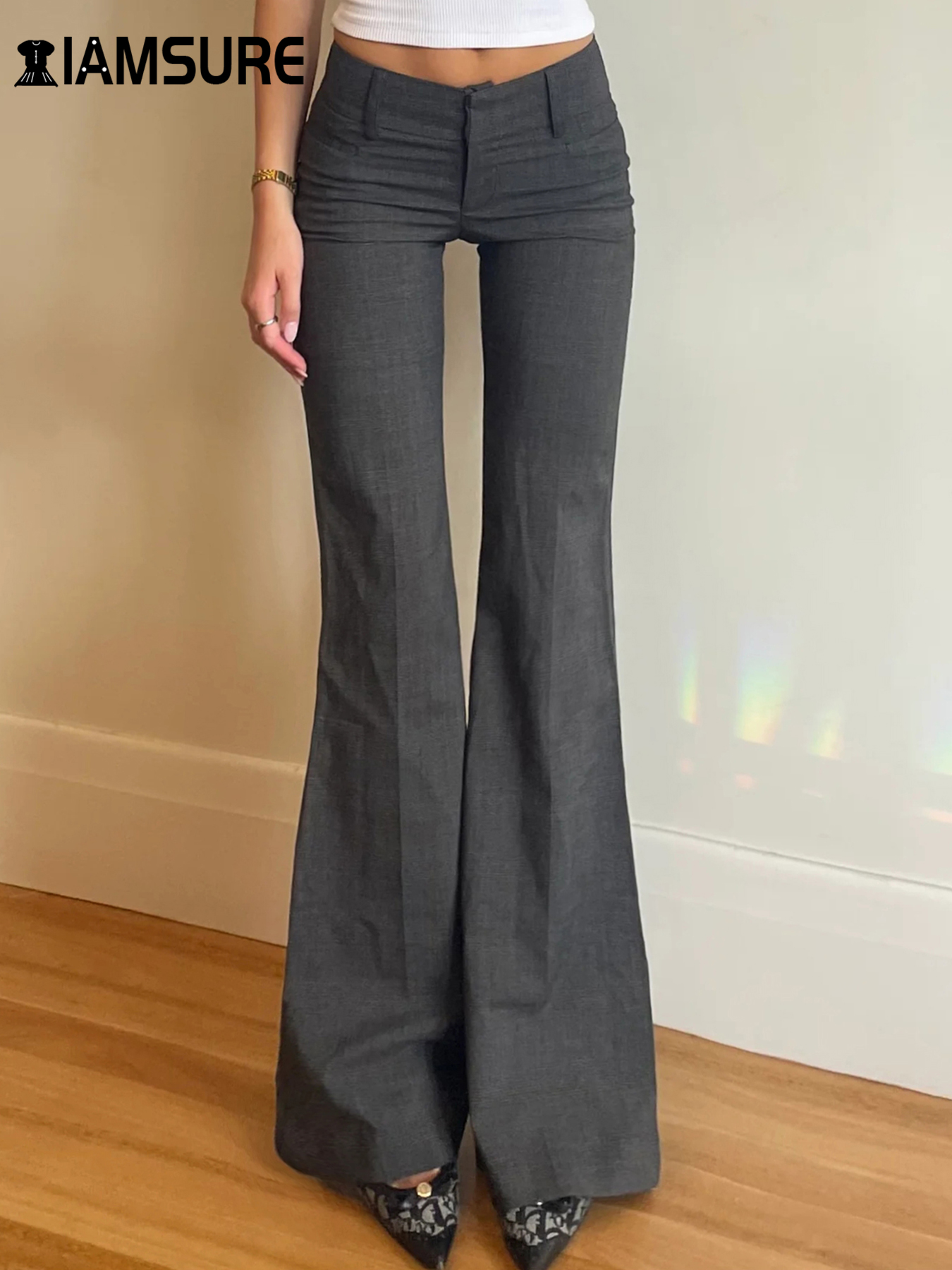 IAMSURE Office Ladies Basic Slim Solid Suitpants Y2K Elegant Fashion Low-Waisted Flare Pants Women 2024 Autumn Spring Streetwear