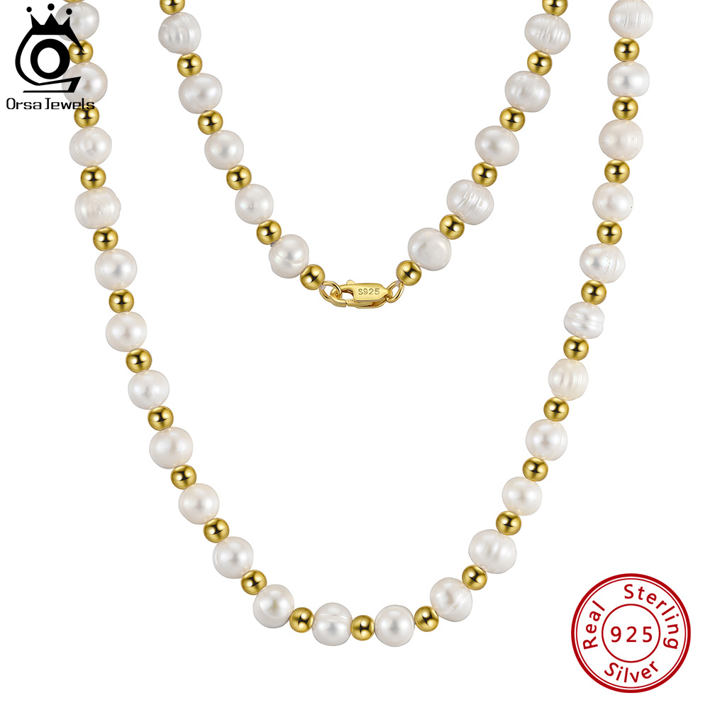 ORSA JEWELS Luxury 925 Sterling Silver Natural Pearl Choker Necklace with Ball Bead for Men Women Pearl Necklace Jewelry NMN09