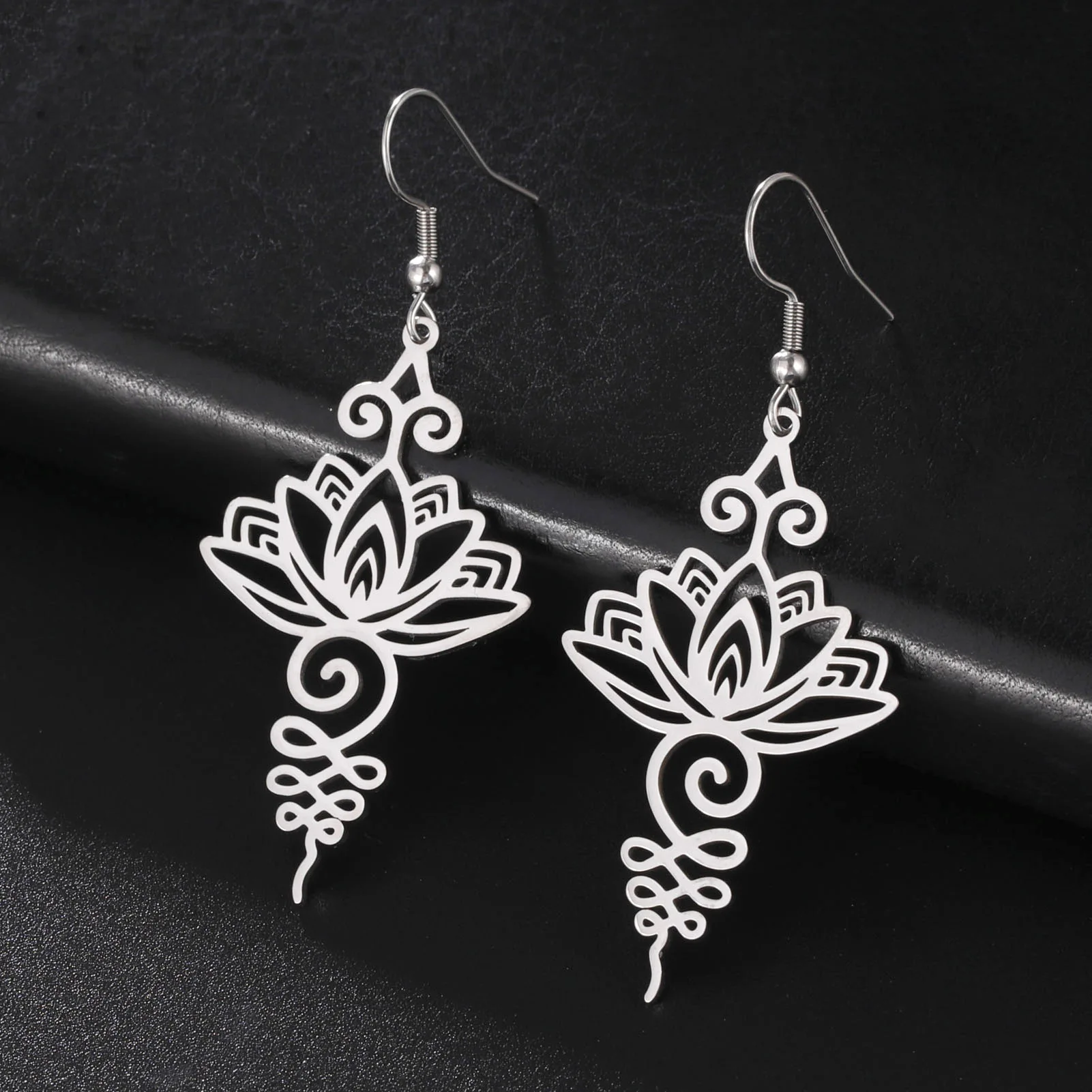 Stainless Steel Lotus Flower Earrings Spiritual Chakra Unalome Symbol Drop Earrings for Women Yoga Buddhism Unique Jewelry