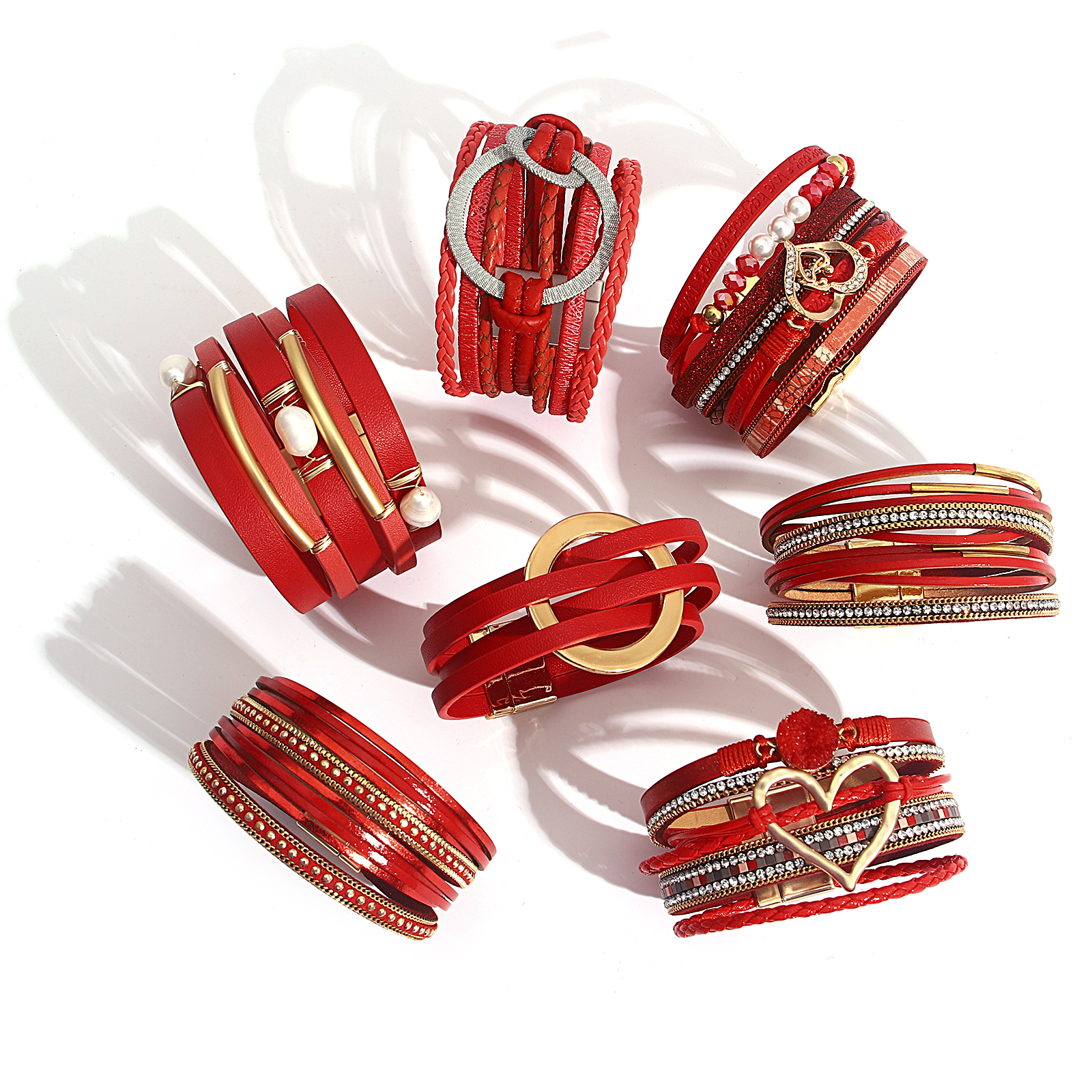 ALLYES Vintage Red Leather Bracelets for Women Girls Pearls Geometric Heart Circle Charm Wrap Bracelet Valentine's Day Jewelry