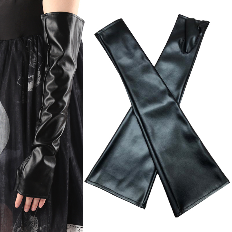 1pair Black Gothic Punk Sexy Long PU Leather Fingerless Gloves Women Autumn Winter Rock Gloves Mittens Clubwear Dance Cosplay