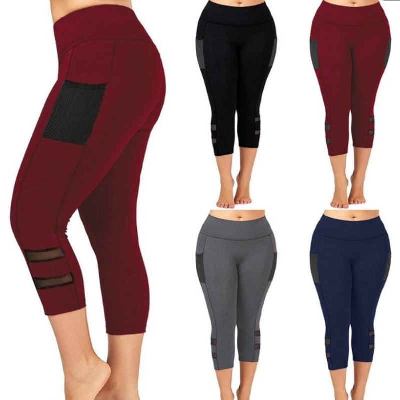 Women's Plus Size Yoga Leggings with Pockets Solid Hollow Out Stretchy Skinny Pants Pocket Running Pants