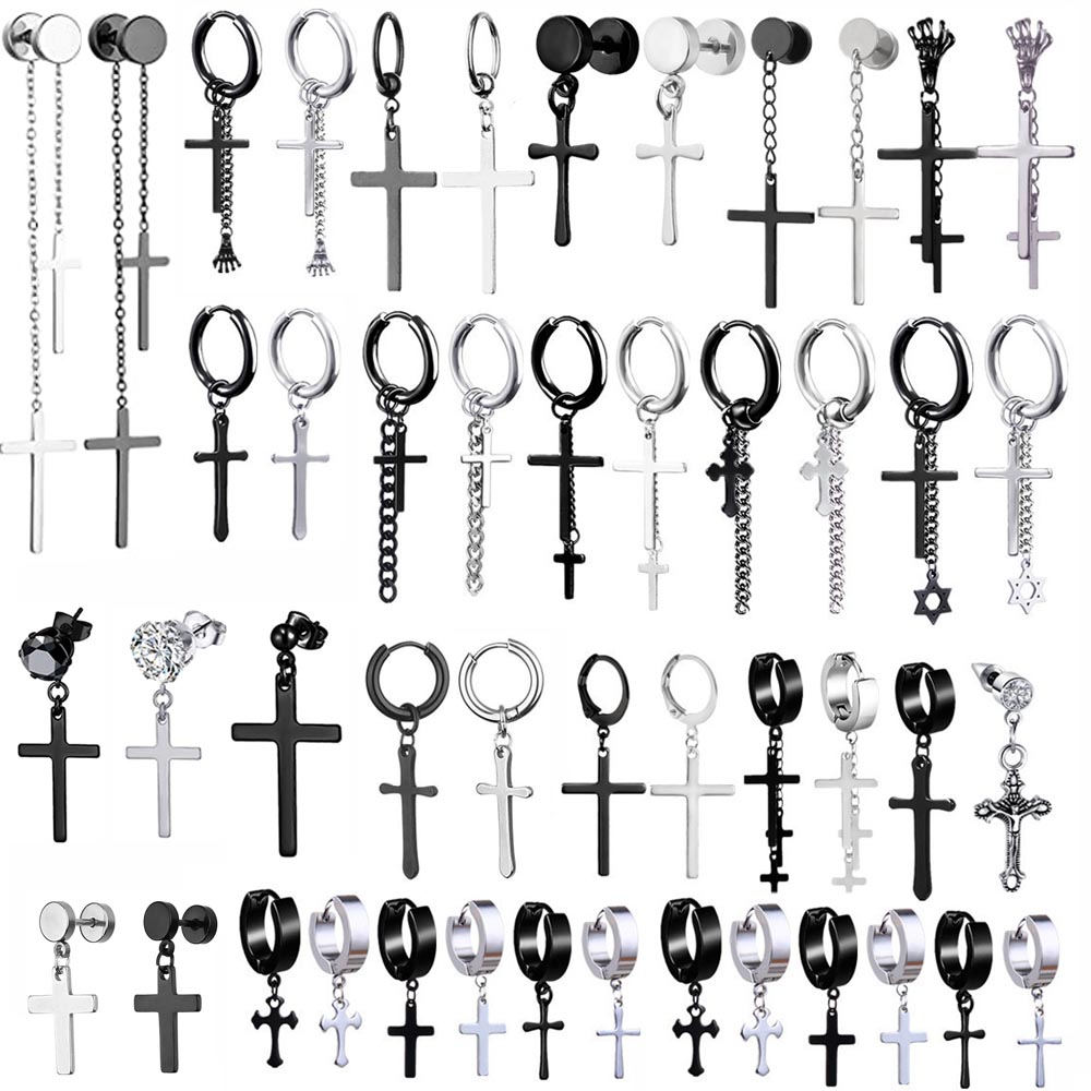 Punk Black Cross Stainless Steel Hoop Earrings For Women Men Fashion Vintage Chain Pendants Hip Hop Jewelry Earrings Wholesale