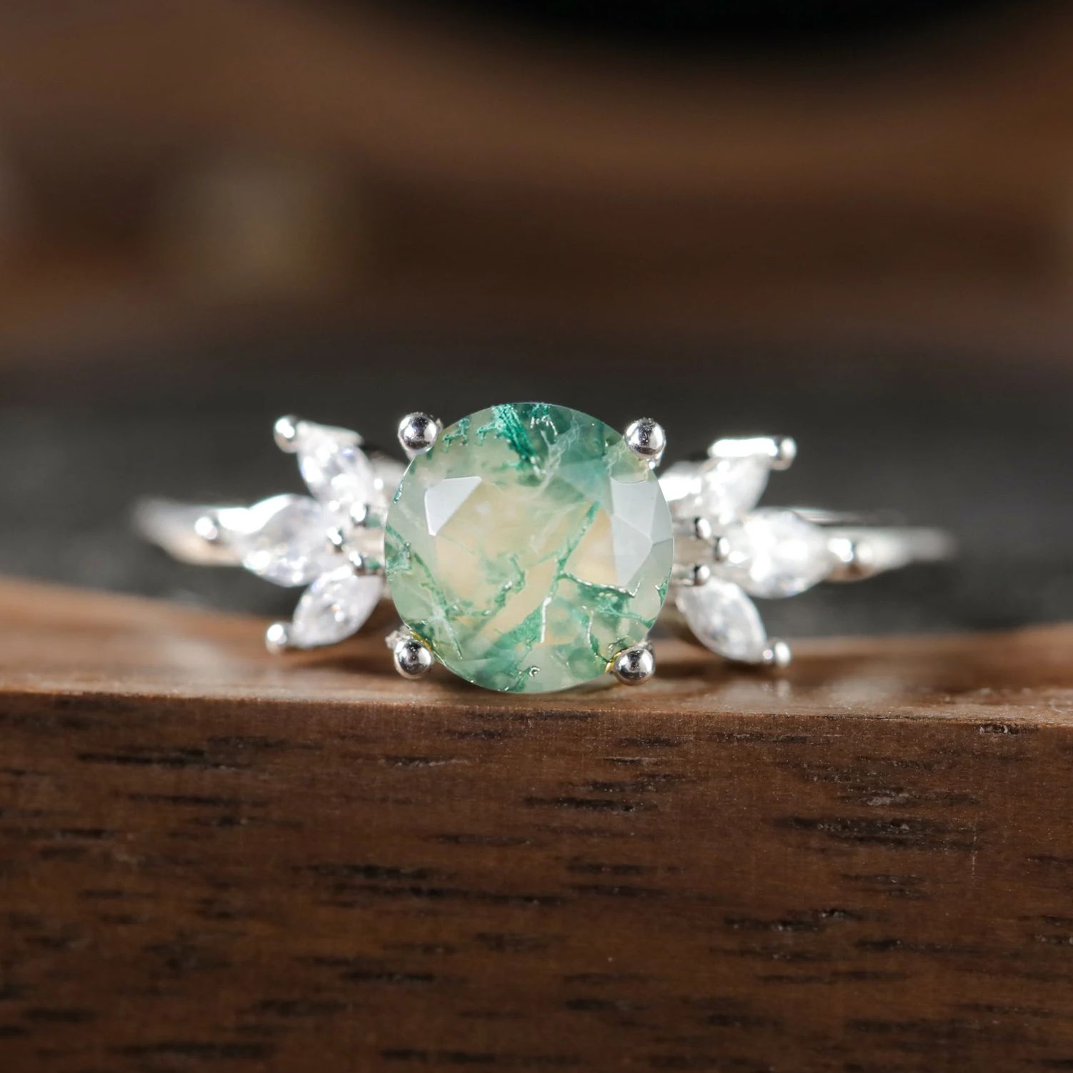 Vintage Natural Moss Agate Ring for Women 925 Sterling Silver Marquise Cut Zircon Cluster Rings Gold Plated Promise Jewely