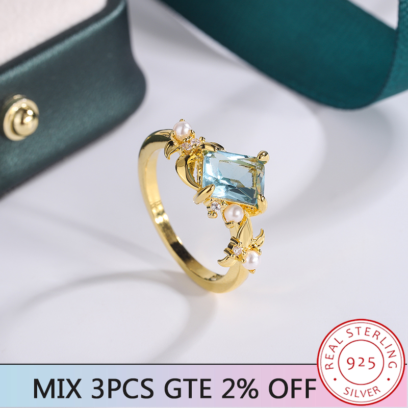 New Hot 18-karat Gold Ring for Women High Quality Square Light Blue Zirconium Ring Fashion Pearl Jewelry Anniversary Gift