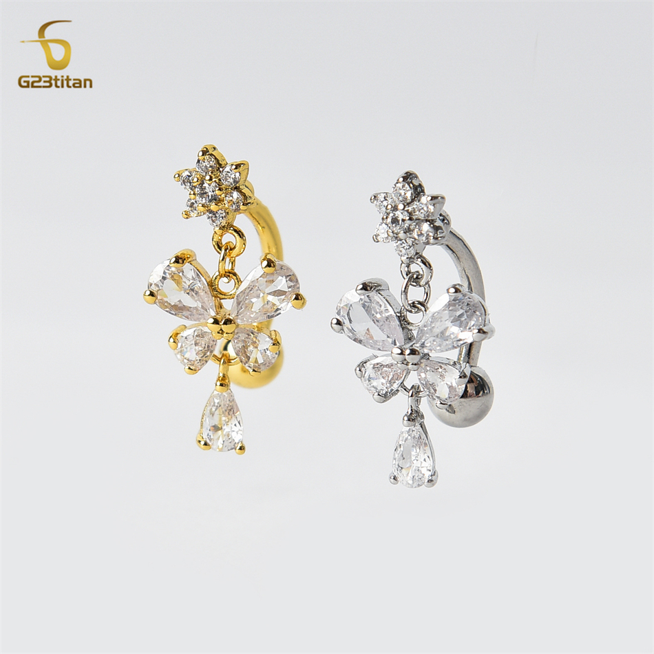 Zircon Butterfly Dangle Reverse Belly Ring 14G Stainless Steel Titanium Barbell Women Sexy Body Jewelry Summer Beach Accessories