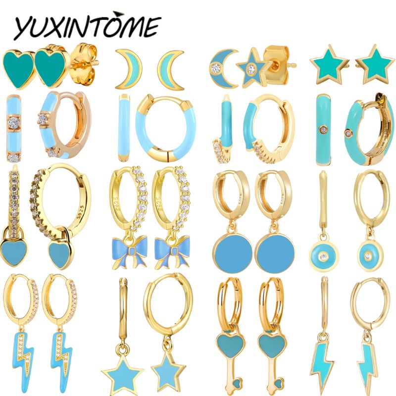925 Sterling Silver Needle Exquisite Blue Glue Hoop Earrings for Women 24K Gold Earrings Fashion Trend Jewelry Ear Accessories