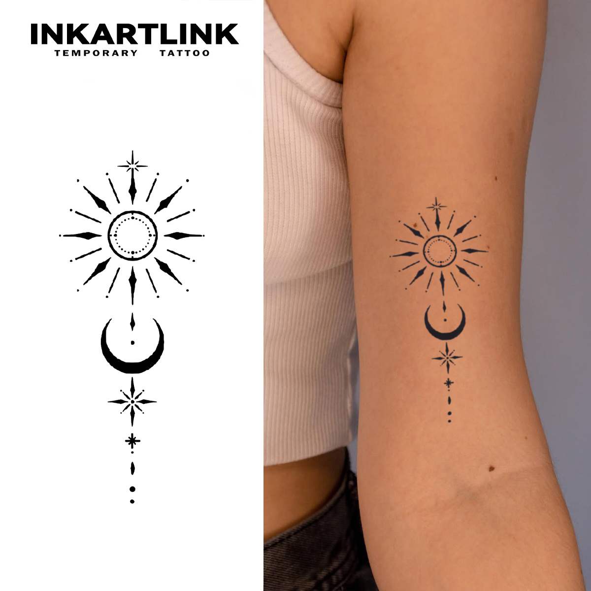 The sun and the moon shine Temporary Tattoo,Lasts To 15 Days New Technology Magic Waterproof Semi Permanent Sticker.