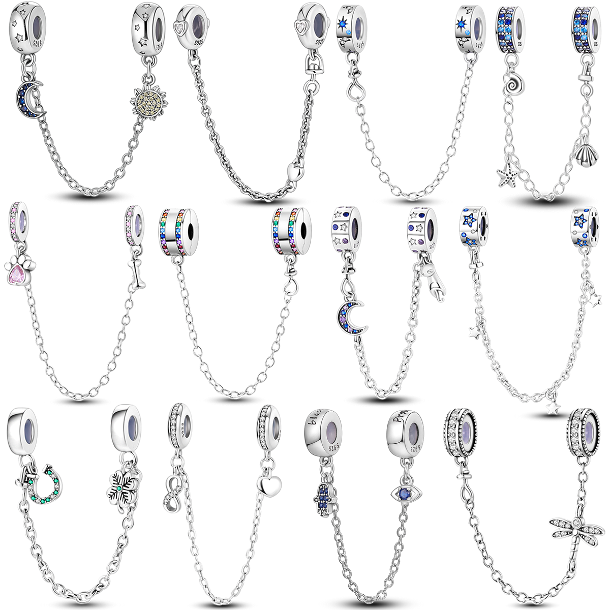 925 Sterling Silver Fashion Safety Chain Star Moon Inlaid Zirconium Charms Beads Fit Original Bangle Bracelet DIY Jewelry Gift
