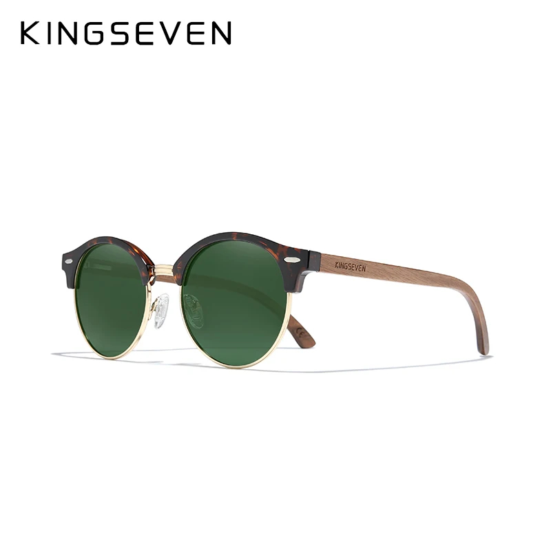 KINGSEVEN New Design Sunglasses For Men Women Handmade Round Fashion Eyewear Mirror Polarized UV400 Sun Glasses Retro Wooden Box