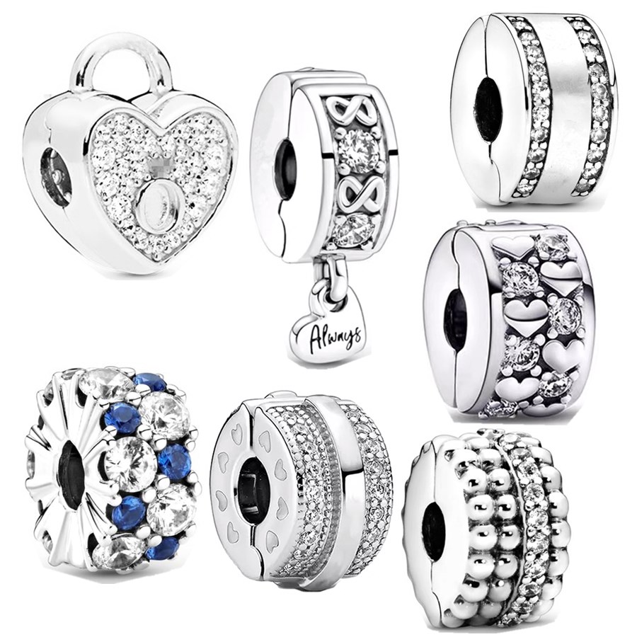Sparkling Charm Bead Clip with Clear & Blue Gemstone, Heart-Shaped Fit Original 925 Sterling Silver Bracelet DIY Women Jewelry
