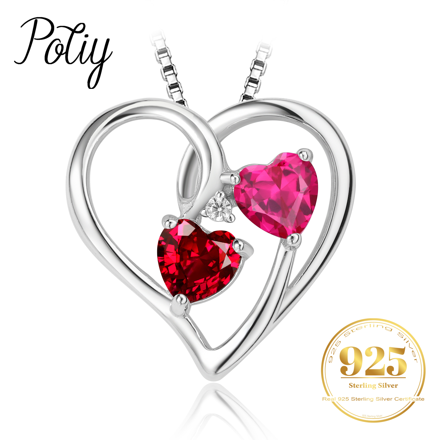 Potiy Heart Shape Created Ruby Pink Sapphire cute Pendant Necklace 925 Sterling Silver for Women valentines day gift Jewelry