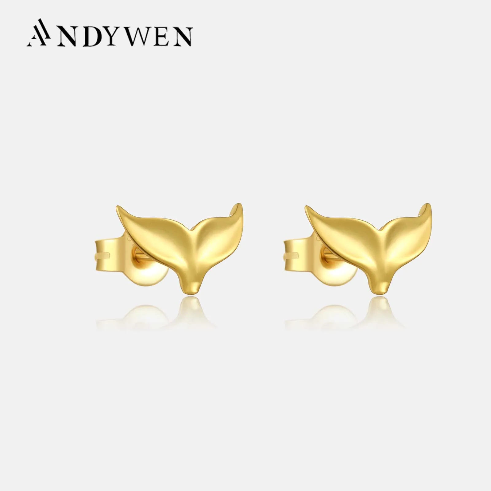 ANDYWEN 925 Sterling Silver Gold Fish Tail Stud Earring Clips Piercing Pendiente Women luxury Fine Jewelry Simple Jewels