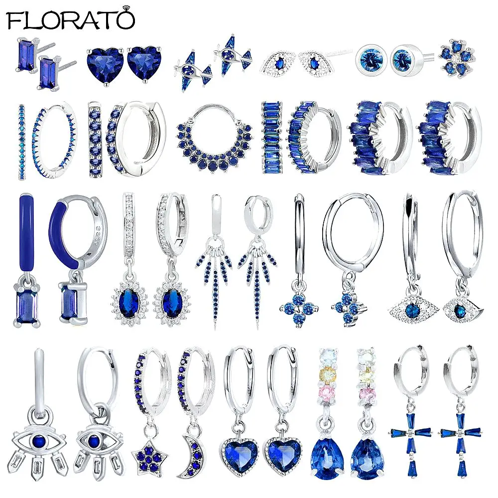 Blue Flower Small Hoop Earrings for Women 925 Sterling Silver Needle Fashion Zircon Earrings 2022 Wedding Luxury Jewelry Gift