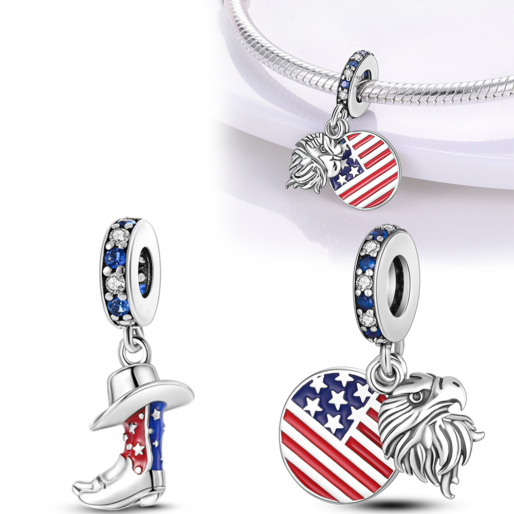 925 Sterling Silver American Flag Eagle Pendant Fit Charms Silver 925 Original Bracelet for Jewelry Making
