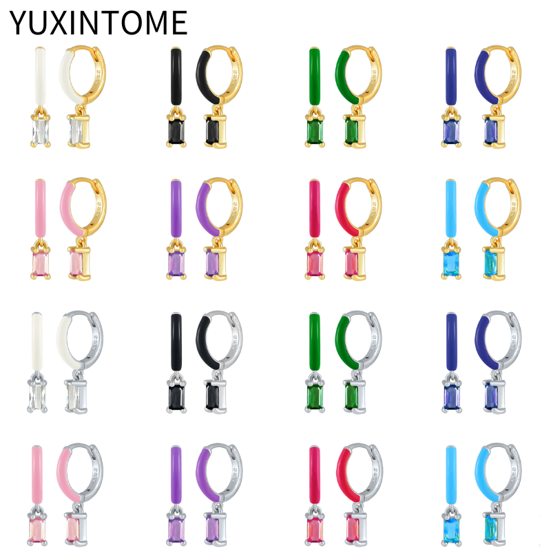 925 Sterling Silver Needle Fashion Colorful Crystal Square Pendant Earrings for Women Multicolor Enamel Earrings Fine Jewelry