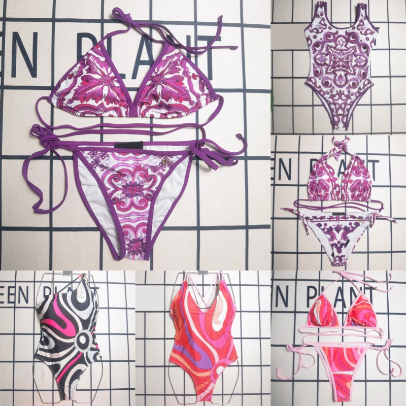 Luxury Printed Bikini Swimwear Women Sexy Backless Halter Swimsuit Designer Resort Beach Charming Purple Swimsuits Summer Padded Bikini Set-image-840029652