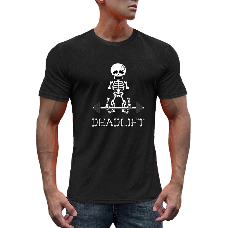 Human Skeleton Deadlift Barbell Gym Shirt Mesh Quick Dry Men Bodybuilding Running Sport Top Fitness Muscle Short Sleeves T-Shirt