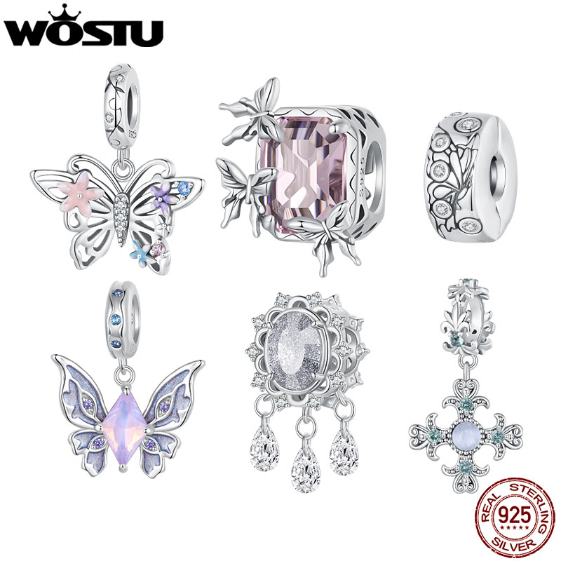 WOSTU 925 Sterling Silver Colorful Butterfly Charms Iris Cross Pendant Pink Crystal Bead Fit Original Bracelet Necklace DIY Gift