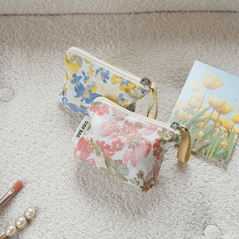Floral small coin purse portable women's makeup bag zipper double layer design lipstick envelope cosmetics key storage bag