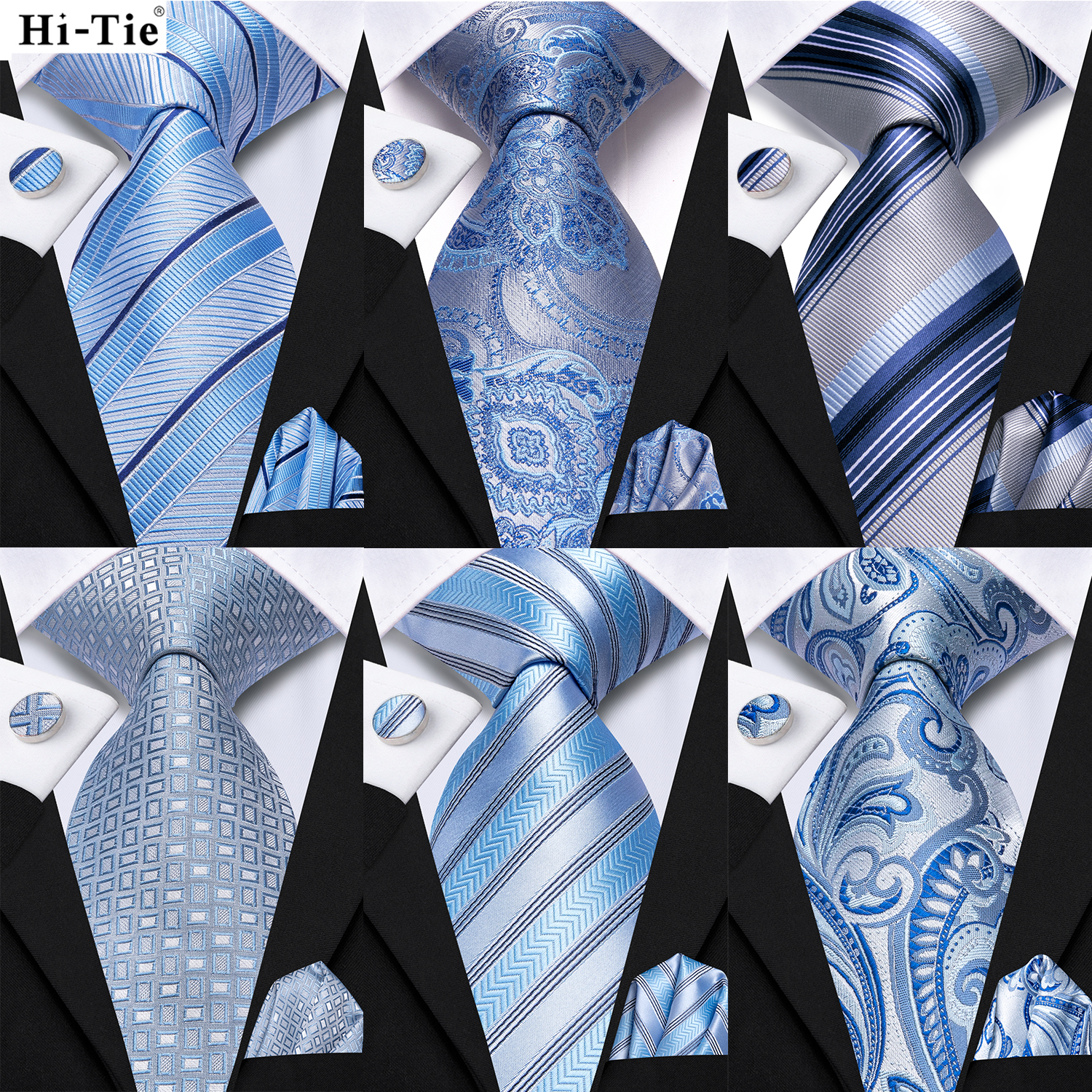 Hi-Tie Light Blue Striped Business Mens Tie 8.5cm Jacquard Necktie Accessorie Daily Wear Cravat Wedding Party Hanky Cufflink Set