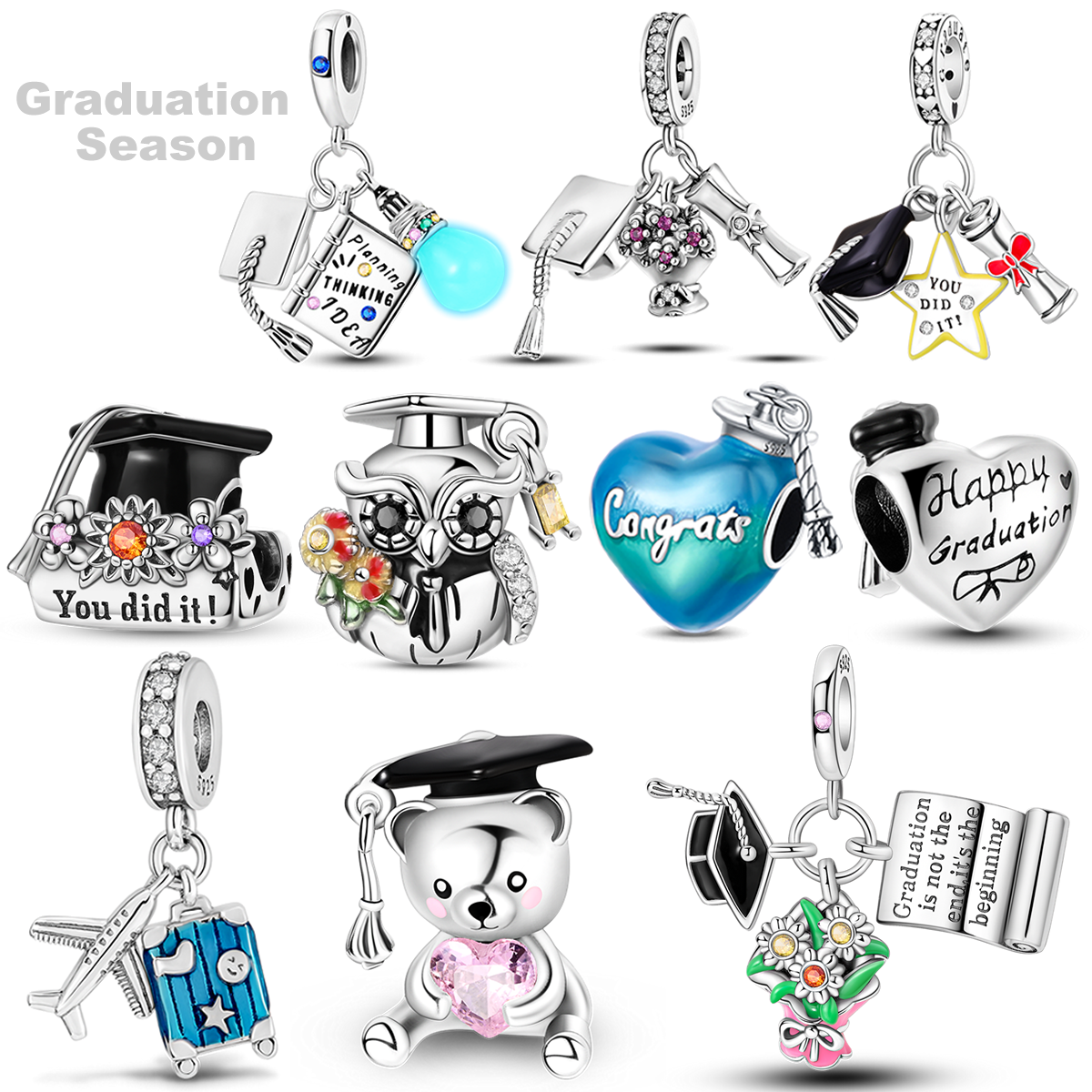 Happy 2025 Graduation Season Charms Bead 925 Silver Owl Bachelor Cap Dangle Fit Original Bangle Bracelet Jewelry Classmate Gift