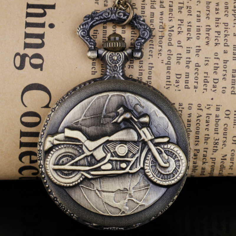 Vintage bronze motorcycle design elegant vintage pocket watch collection decorated gift necklaces for men and women