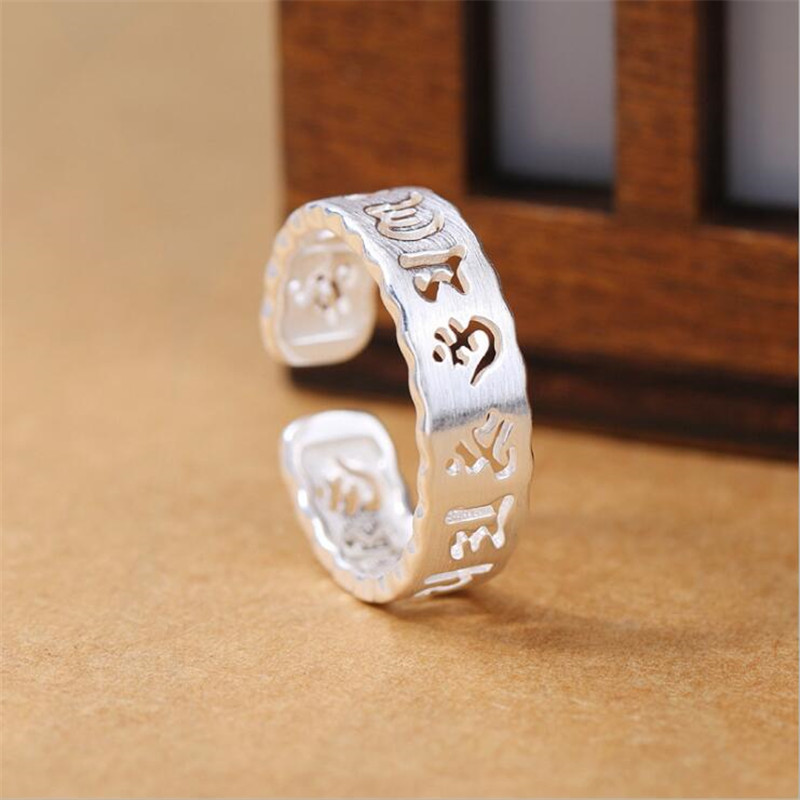 New Creative Six-word Mantra Brushed 925 Sterling Silver Fashion Jewelry Hollow Ancient Script Lucky Opening Rings R288