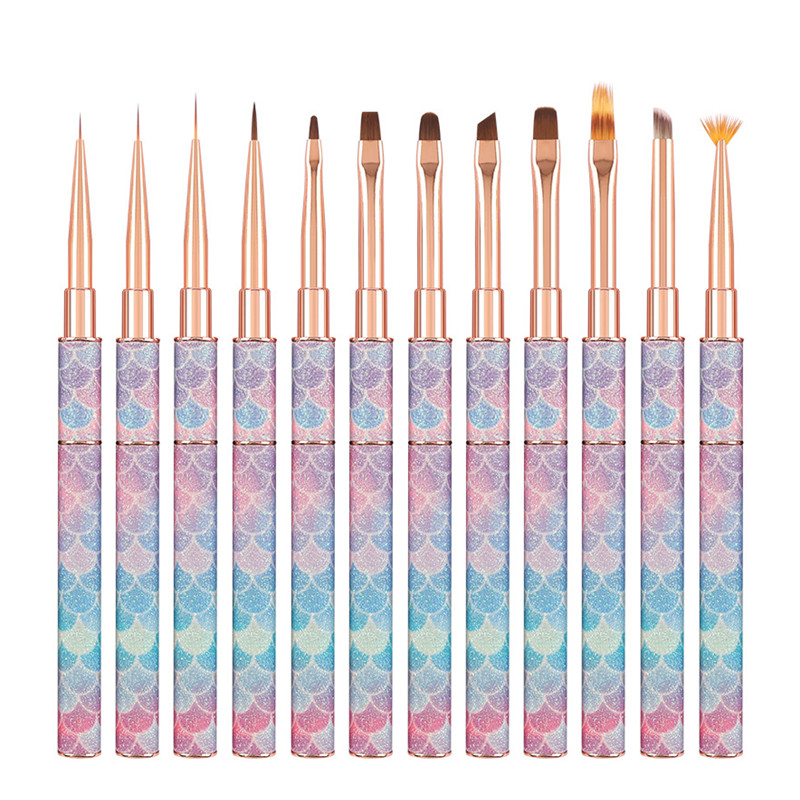 12 Style Mermaid Honeycomb Handle Nail Art Acrylic UV Gel Extension Brush Flower Design Drawing Painting Pen Manicure Set