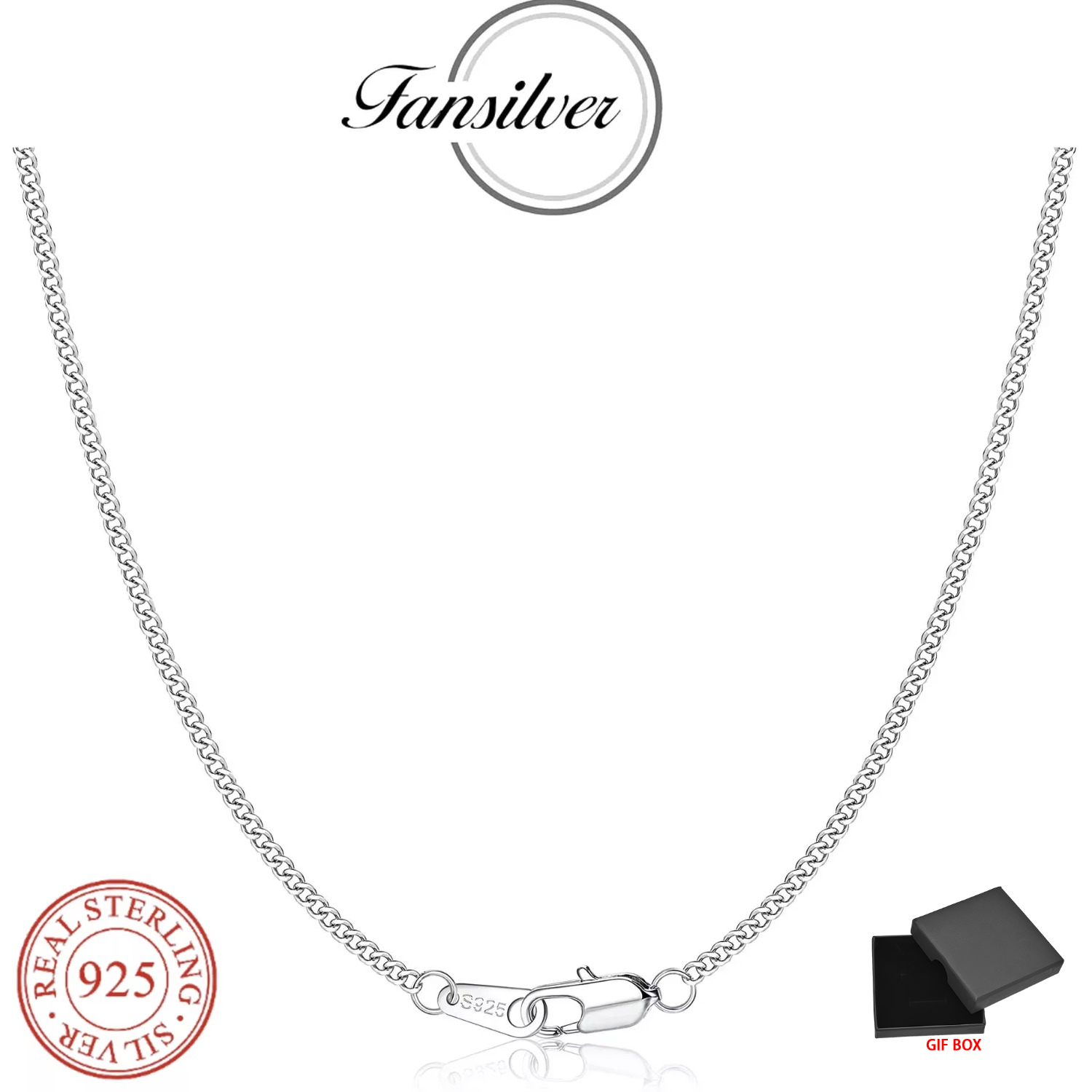 Fansilver S925 Sterling Silver Diamond Cut Curb Chain Necklace for Women Men Lobster Claw Clasp Sterling Silver Neck Chain