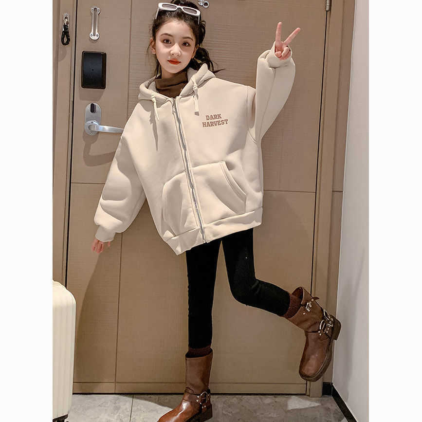 New girls' fleece coat for autumn and winter, children's hooded thick sweater, warm mid-sized children's winter clothing, top layer o