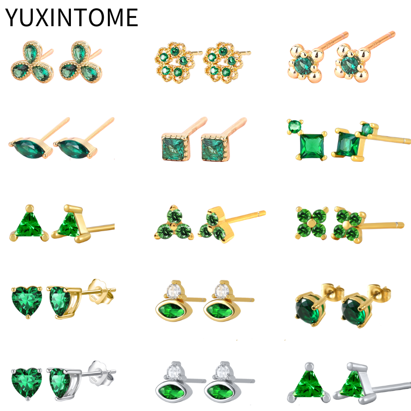 925 Sterling Silver Ear Needle Green Crystal Stud Earrings for Women Flower/Heart/Triangle Piercing Earrings Fashion Jewelry
