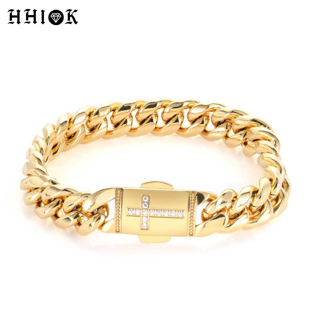 Mens Miami Cuban Link Bracelet Iced Out Cross 12mm Stainless Steel Curb Bangle with CZ Zircon Clasp