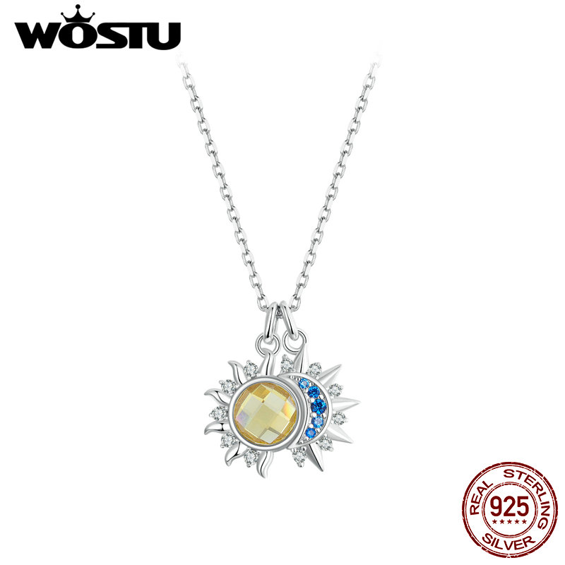 WOSTU 925 Sterling Silver Moon Sun Pendant Necklace Women Blue CZ Yellow Crystal Charm Necklaces Valentine's Mother's Day Gifts