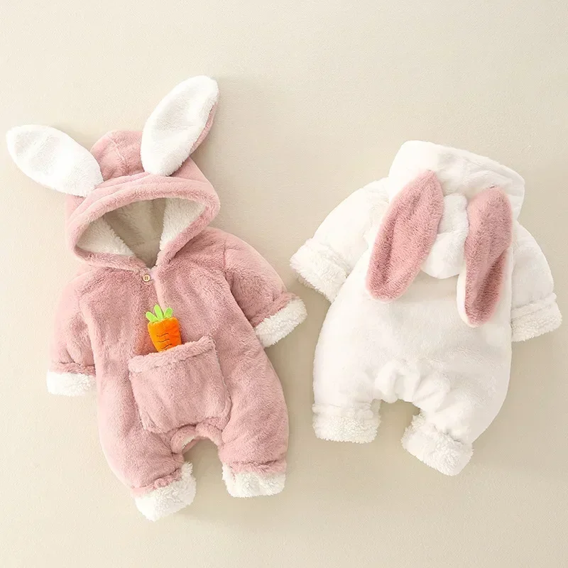 Baby Rompers Winter Warm Coral Fleece Newborn Baby Girl Clothes Cartoon Rabbit Coats Infant Jumpsuit Animal Overalls Pajamas ì기ì·