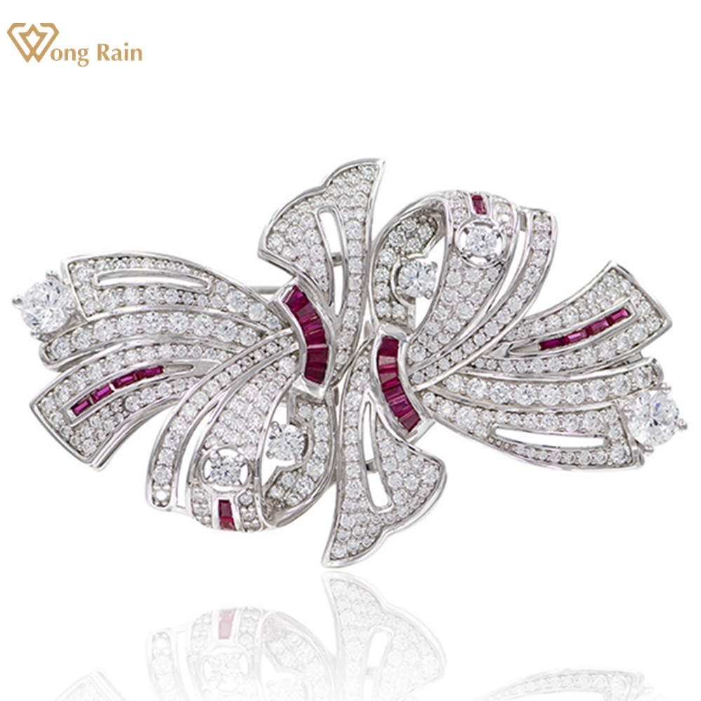 Wong Rain Luxury 100% 925 Sterling Sliver Ruby High Carbon Diamond Gemstone Sparkling Bowknot Brooch Brooches Fine Jewelry Gifts