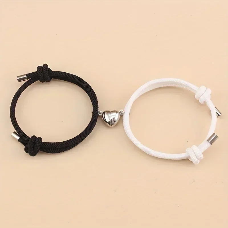 2pcs/set Magnetic Heart Charm Braided Rope Adjustable Bracelets For Couples, Holiday Birthday Gift For Boyfriends / Girlfriends