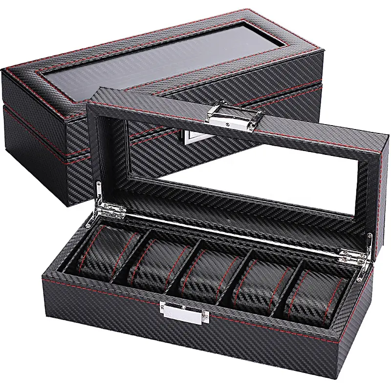WellZone Fashion Style 5/6/10/12 Positions Black Carbon Fiber Pattern Display Jewelry Storage Case Box Watch Storage Case
