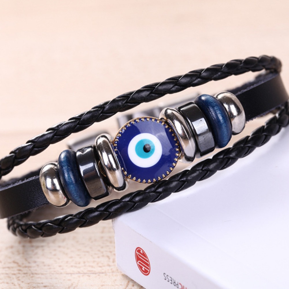 Turkish Evil Eye Bracelet Vintage Multi Layer Leather Braided Bracelet Blue Eye Alloy Split Buckle Men's Bracelet